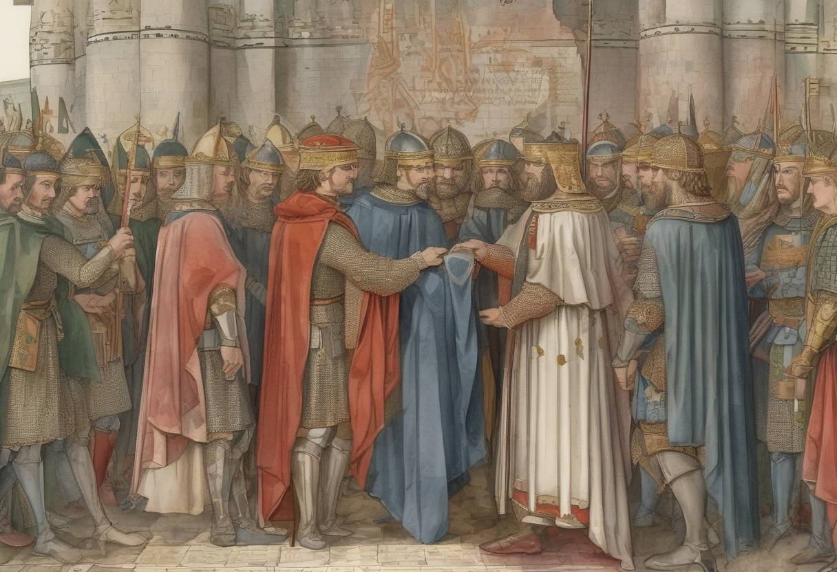 Watercolor painting based depiction of The Treaty of Meerssen is signed, dividing the Carolingian Empire between the sons of Louis the German and Charles the Bald. (870)