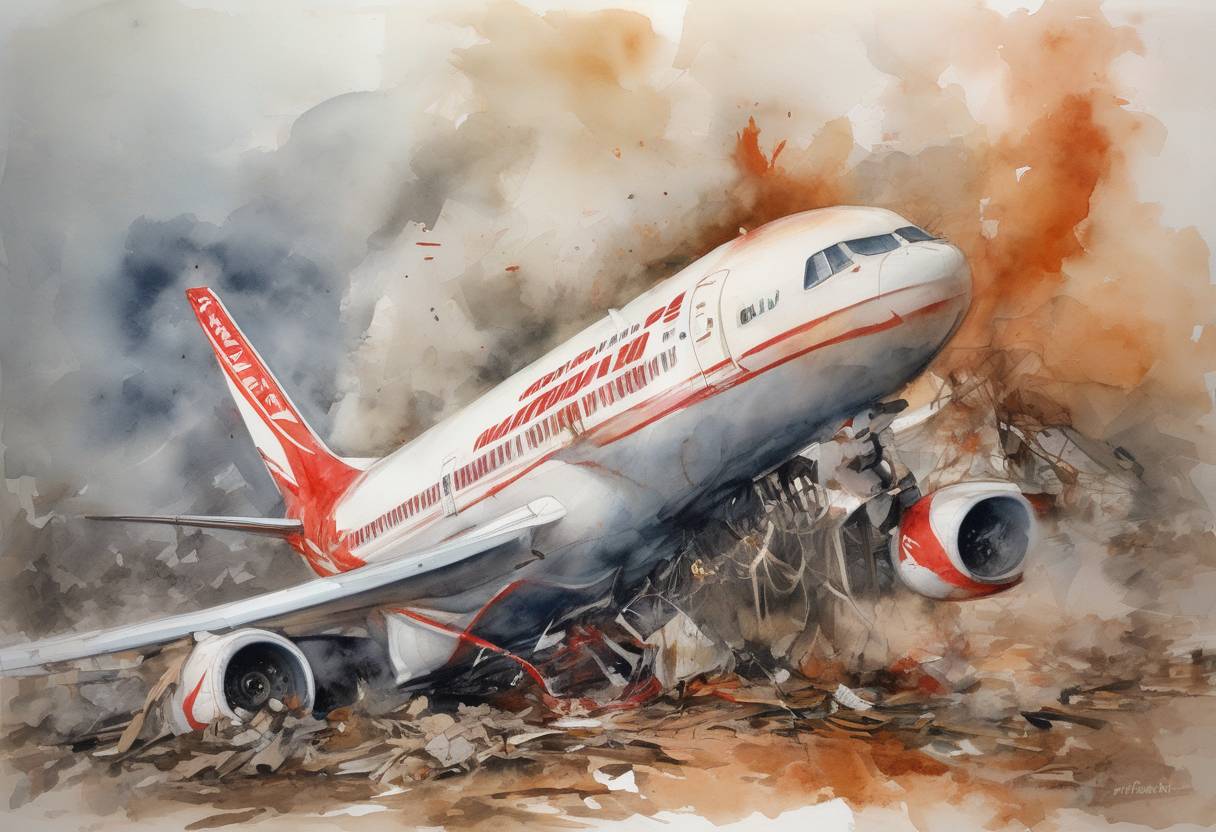 Watercolor painting based depiction of Air India Express Flight 812 crashes on landing at Mangalore International Airport in India, resulting in the deaths of 158 people, with only 8 survivors. (2010)