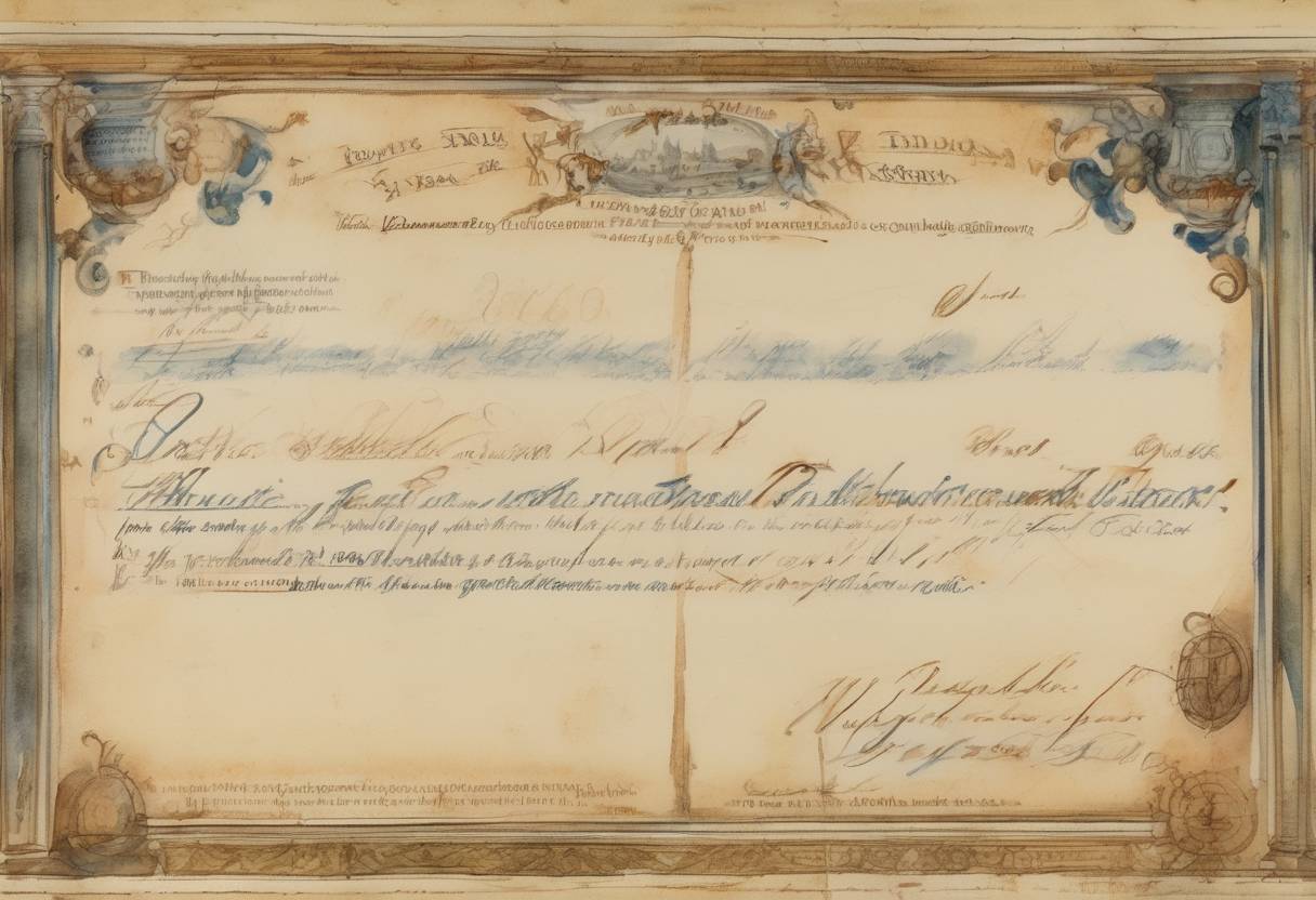 Watercolor painting based depiction of The first known cheque is written in England. (1659)