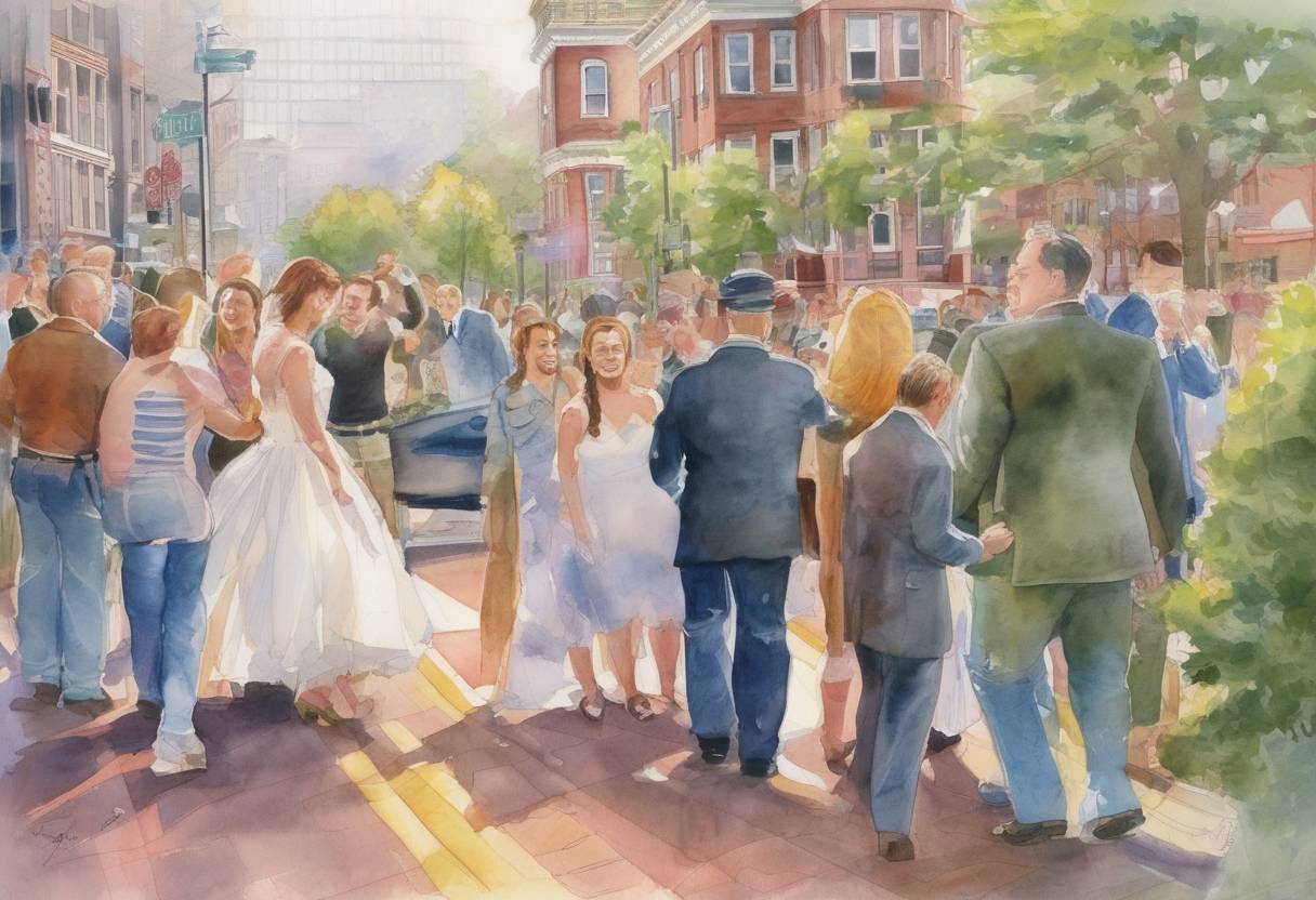 Watercolor painting based depiction of Massachusetts became the first U.S. state to legalize same-sex marriage following a ruling by the Massachusetts Supreme Judicial Court in November 2003. (2004)