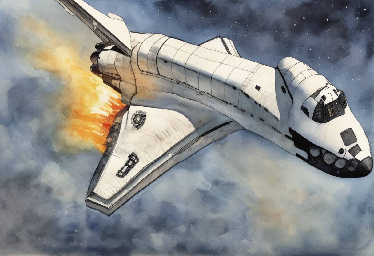 Watercolor painting based depiction of The Space Shuttle Columbia disintegrated upon reentry into Earth's atmosphere, resulting in the death of all seven crew members. (2003)