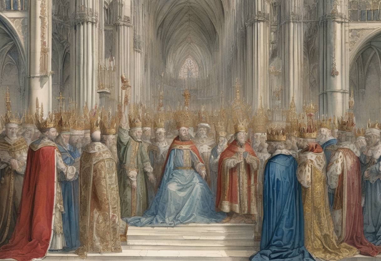 Watercolor painting based depiction of Henry IV is crowned King of France at the Cathedral of Chartres. (1594)
