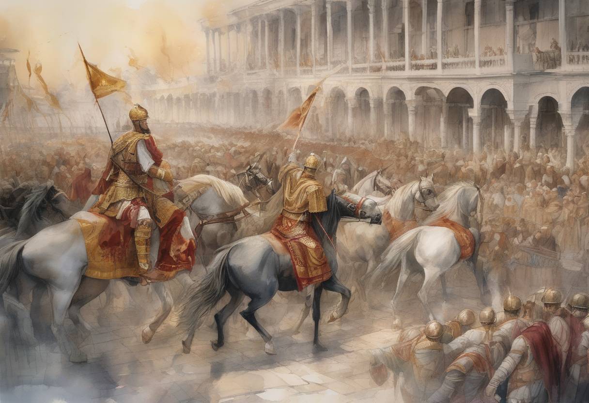 Watercolor painting based depiction of The Roman Emperor Theodosius II died after falling from his horse while hunting. His death led to a succession crisis and the eventual rise of Marcian as the new emperor. (450)