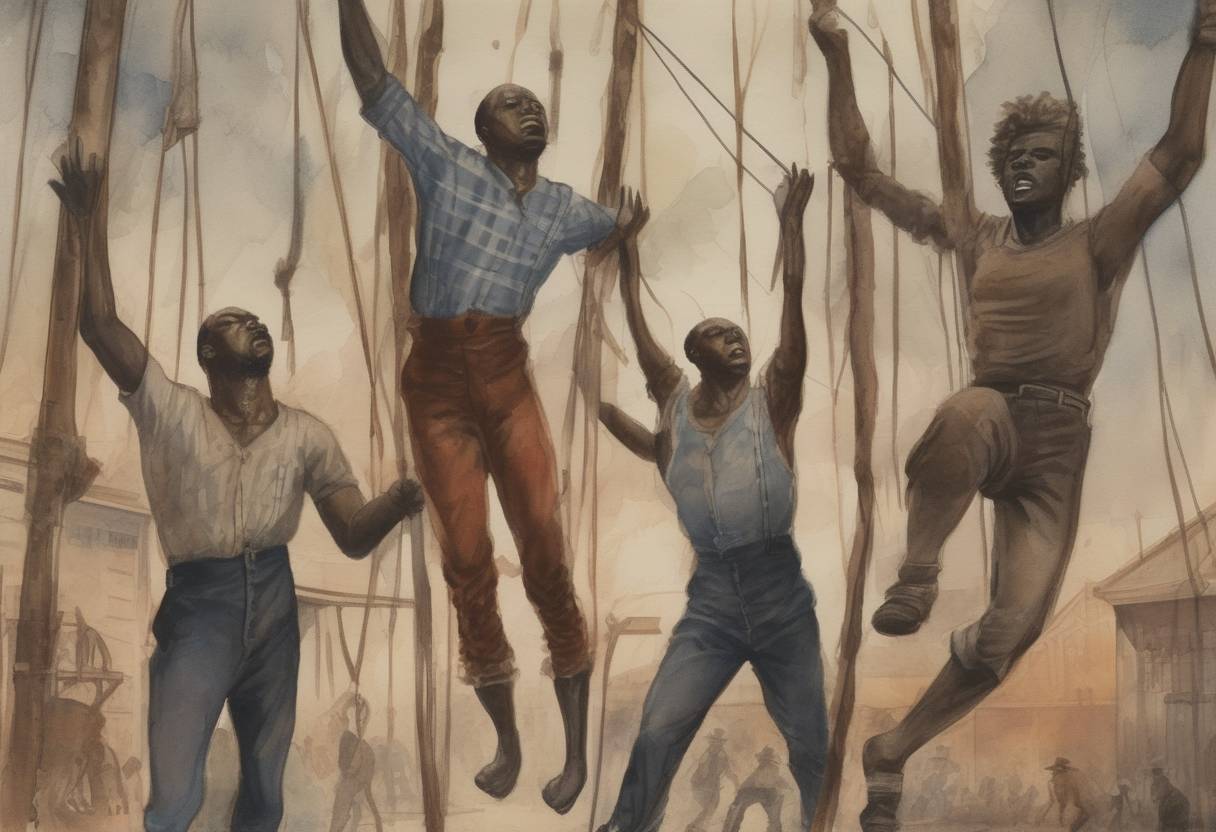 Watercolor painting based depiction of Duluth lynchings: Three African-American circus workers were lynched by a mob in Duluth, Minnesota, after being falsely accused of rape. (1920)