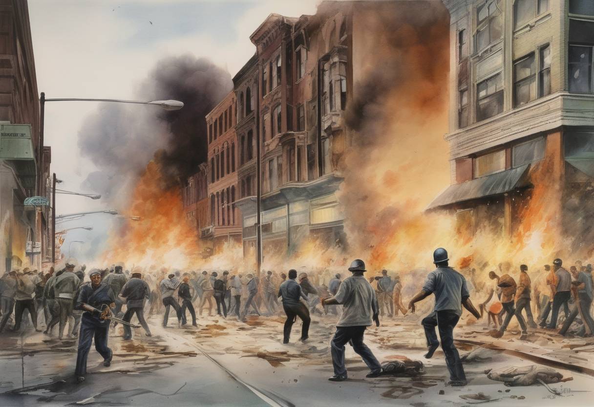 Watercolor painting based depiction of The 12th Street Riot begins in Detroit, Michigan, leading to 43 deaths and over 1,000 injuries. (1967)