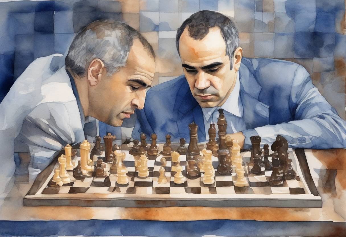 Watercolor painting based depiction of World chess champion Garry Kasparov defeats the IBM supercomputer Deep Blue in a six-game match. (1996)