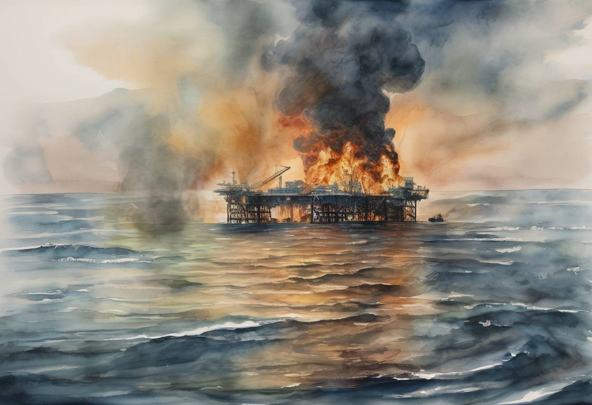 Watercolor painting based depiction of The Deepwater Horizon oil spill began in the Gulf of Mexico, becoming one of the largest environmental disasters in U.S. history. (2010)