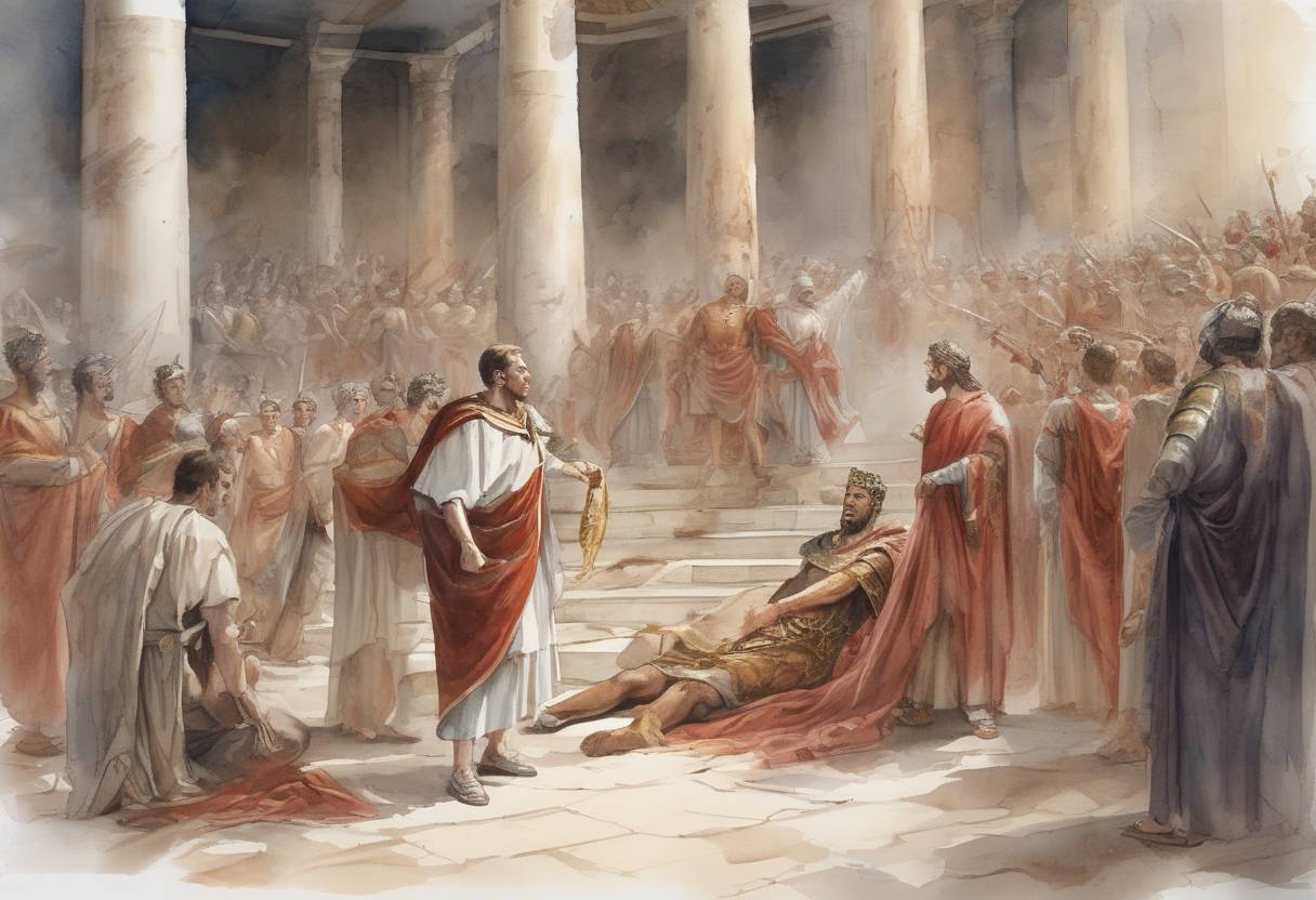 Watercolor painting based depiction of The death of Julius Constantius, a prominent Roman politician and member of the Constantinian dynasty, occurred. He was the father of the future Roman Emperor Julian the Apostate. (337)