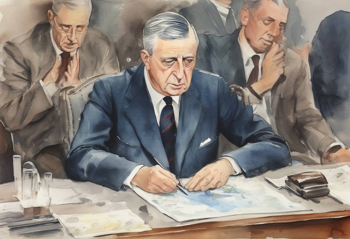 Watercolor painting based depiction of Charles de Gaulle resigned as President of France following the defeat of a referendum on regional reform and Senate reform. (1969)