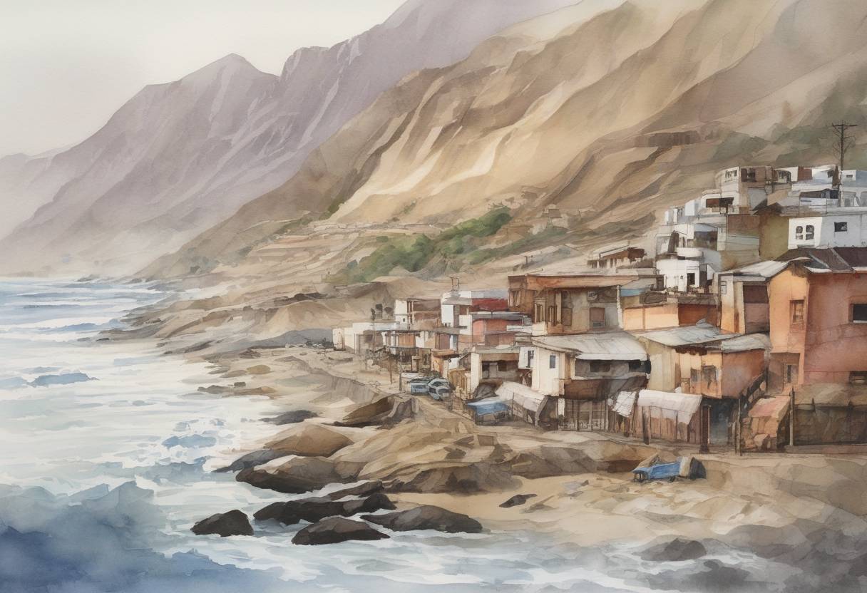 Watercolor painting based depiction of A magnitude 8.0 earthquake struck the central coast of Peru, causing significant damage and loss of life. (2007)