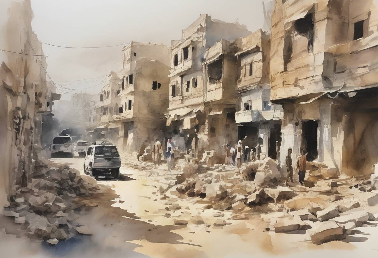 Watercolor painting based depiction of The Saudi Arabian-led intervention in Yemen began with airstrikes against Houthi forces, marking the start of a military campaign in the Yemeni Civil War. (2015)