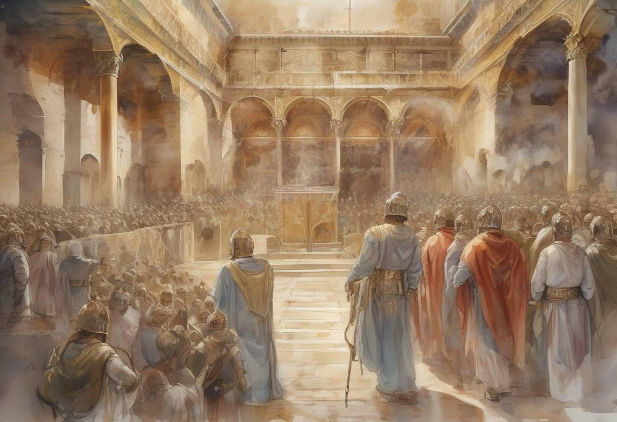 Watercolor painting based depiction of Basiliscus becomes Byzantine Emperor after a coup d'état against Emperor Zeno. (475)