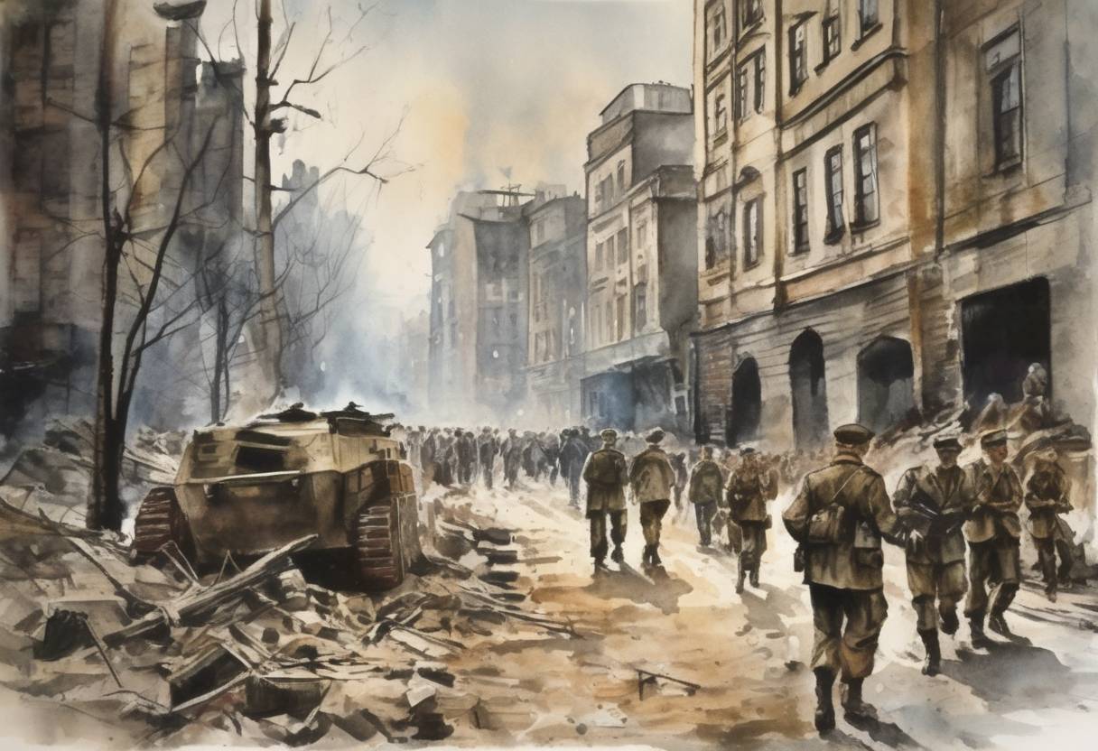 Watercolor painting based depiction of The Warsaw Uprising began as the Polish resistance Home Army attempted to liberate Warsaw from German occupation during World War II. (1944)