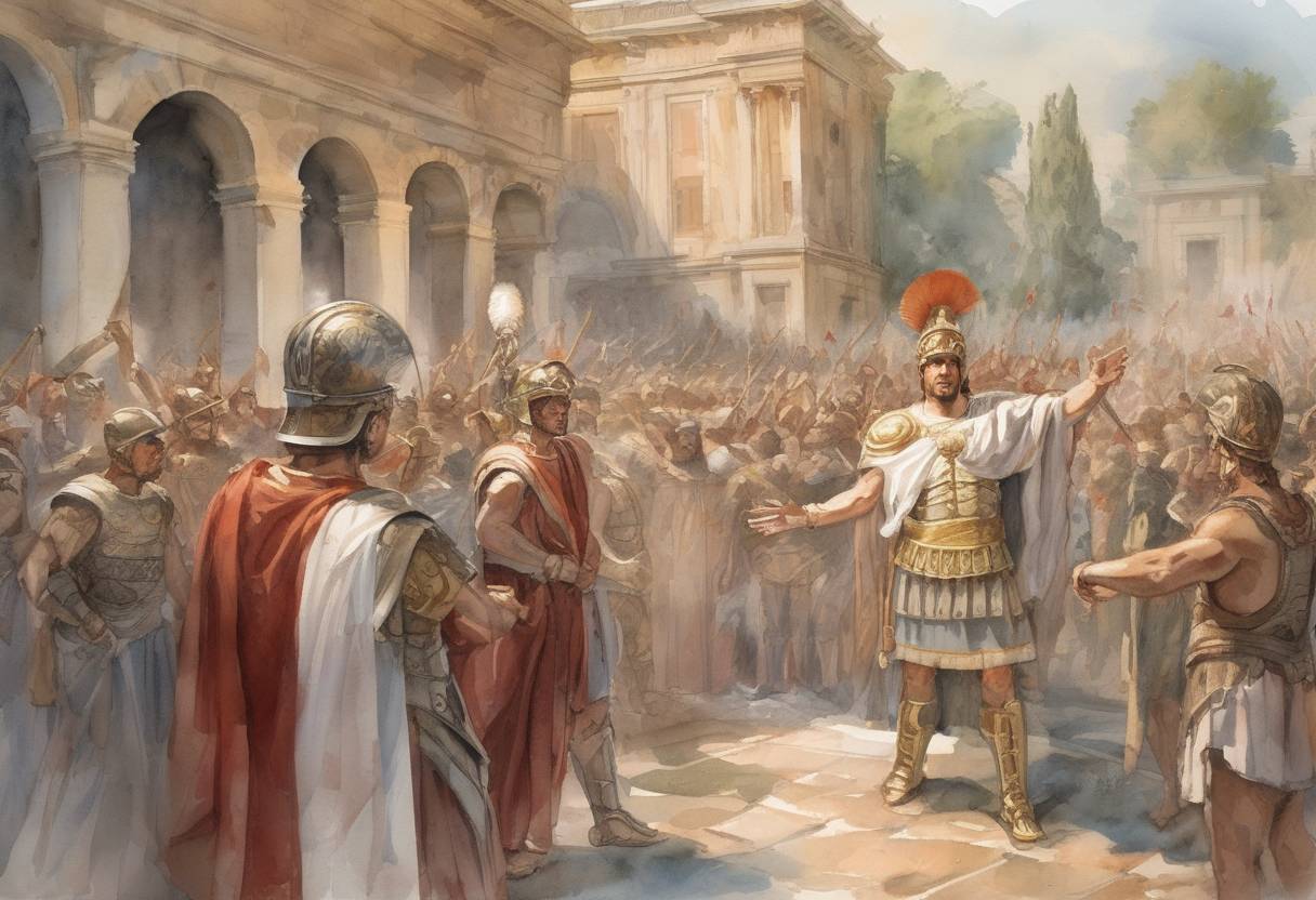 Watercolor painting based depiction of Anthemius is proclaimed Roman Emperor of the West by Ricimer, a powerful military leader and kingmaker in the Western Roman Empire. (467)