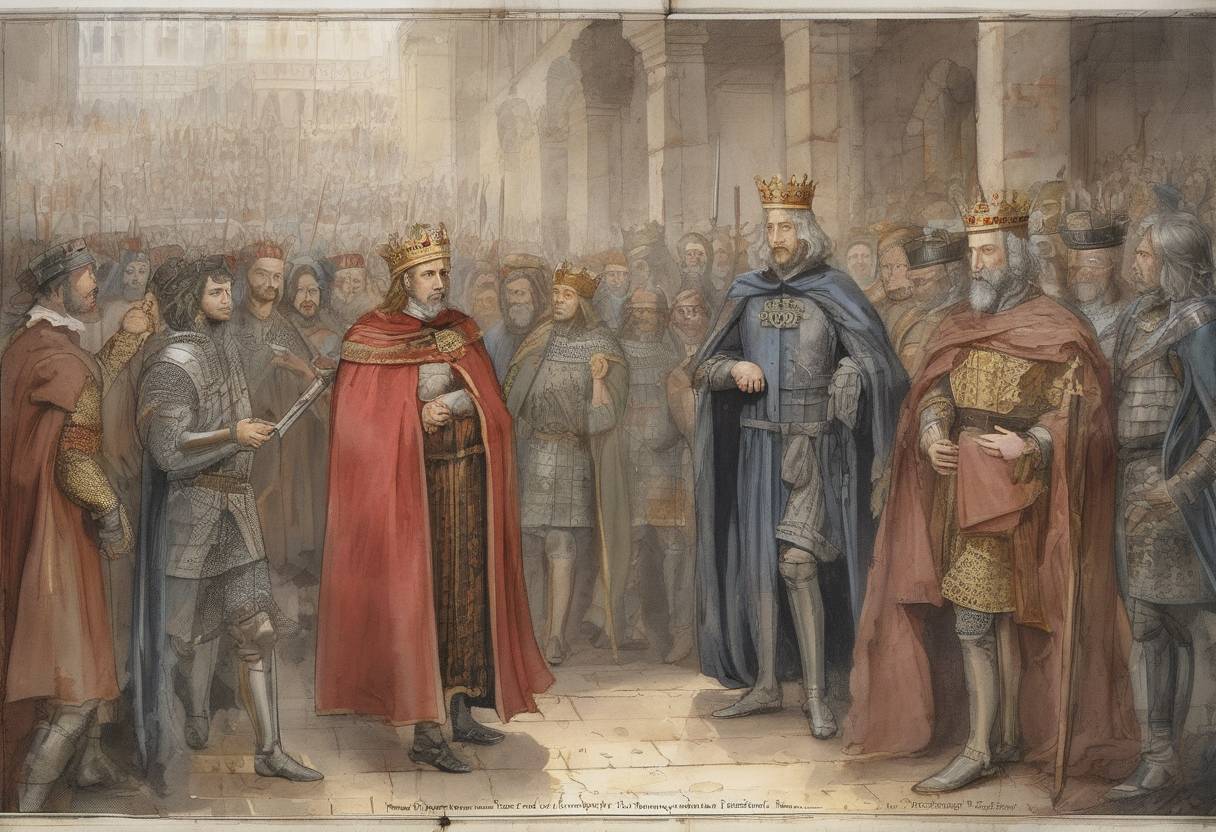 Watercolor painting based depiction of King Edward I of England issued the Edict of Expulsion, expelling all Jews from England. (1290)
