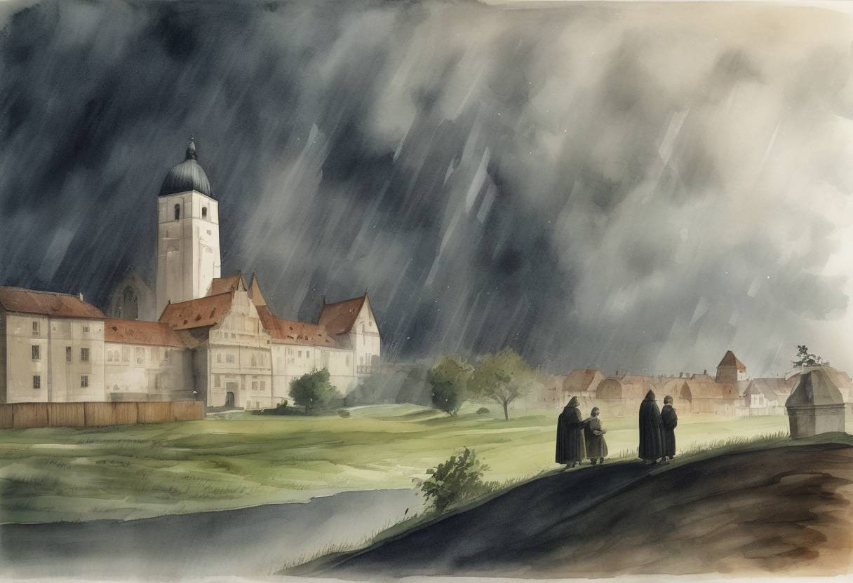 Watercolor painting based depiction of Martin Luther, caught in a thunderstorm, vows to become a monk if he survives, a pivotal moment leading to the Protestant Reformation. (1505)
