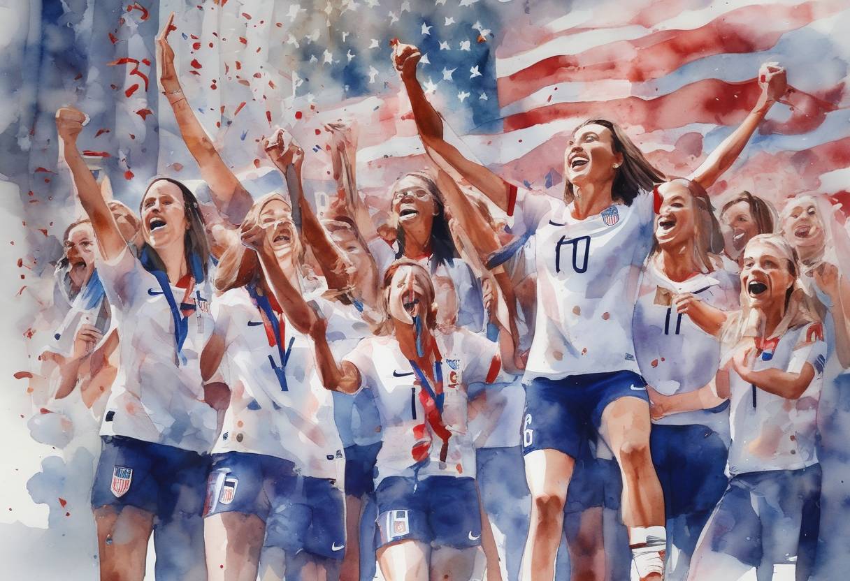 Watercolor painting based depiction of The United States women's national soccer team celebrated their victory in the 2019 FIFA Women's World Cup with a ticker-tape parade in New York City. (2019)
