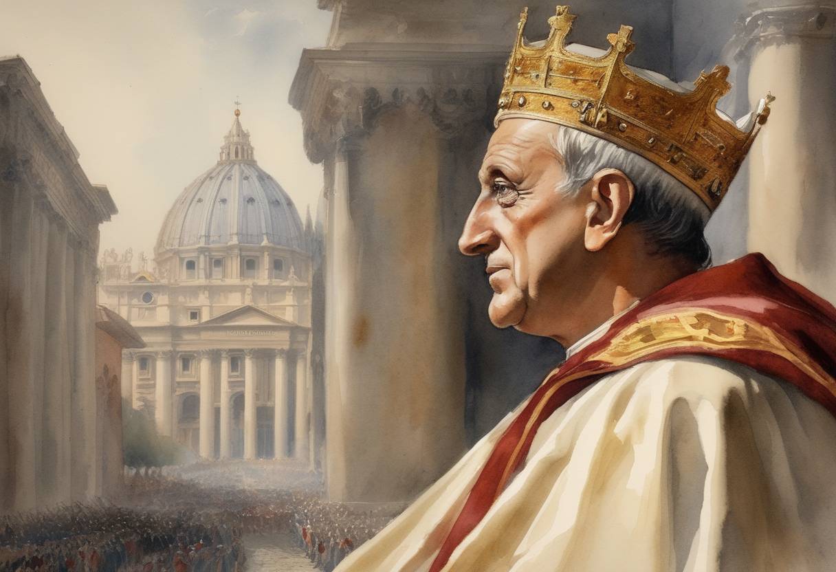 Watercolor painting based depiction of Antipope Honorius II was elected as the Antipope, opposing the reigning Pope Alexander II, during a disputed papal election. (1061)