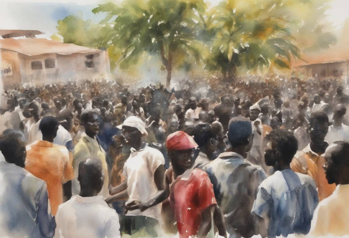 Watercolor painting based depiction of Juba student protests took place, with demonstrators clashing with security forces in Juba, South Sudan, calling for reforms and better services. (2011)