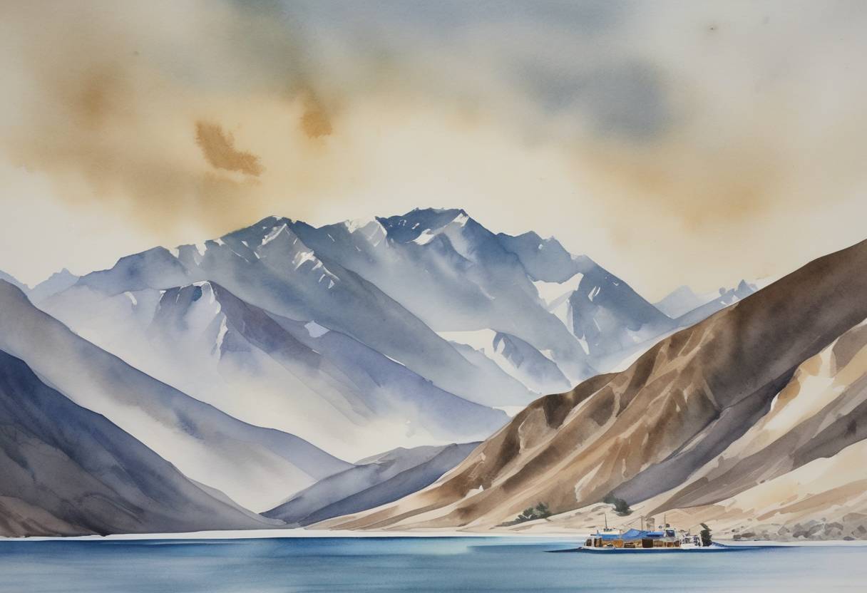 Watercolor painting based depiction of India and China agreed to disengage their troops from the area around the Pangong Lake in eastern Ladakh after a protracted military standoff since May 2020. This was a significant step towards de-escalating tensions along the Line of Actual Control (LAC). (2021)