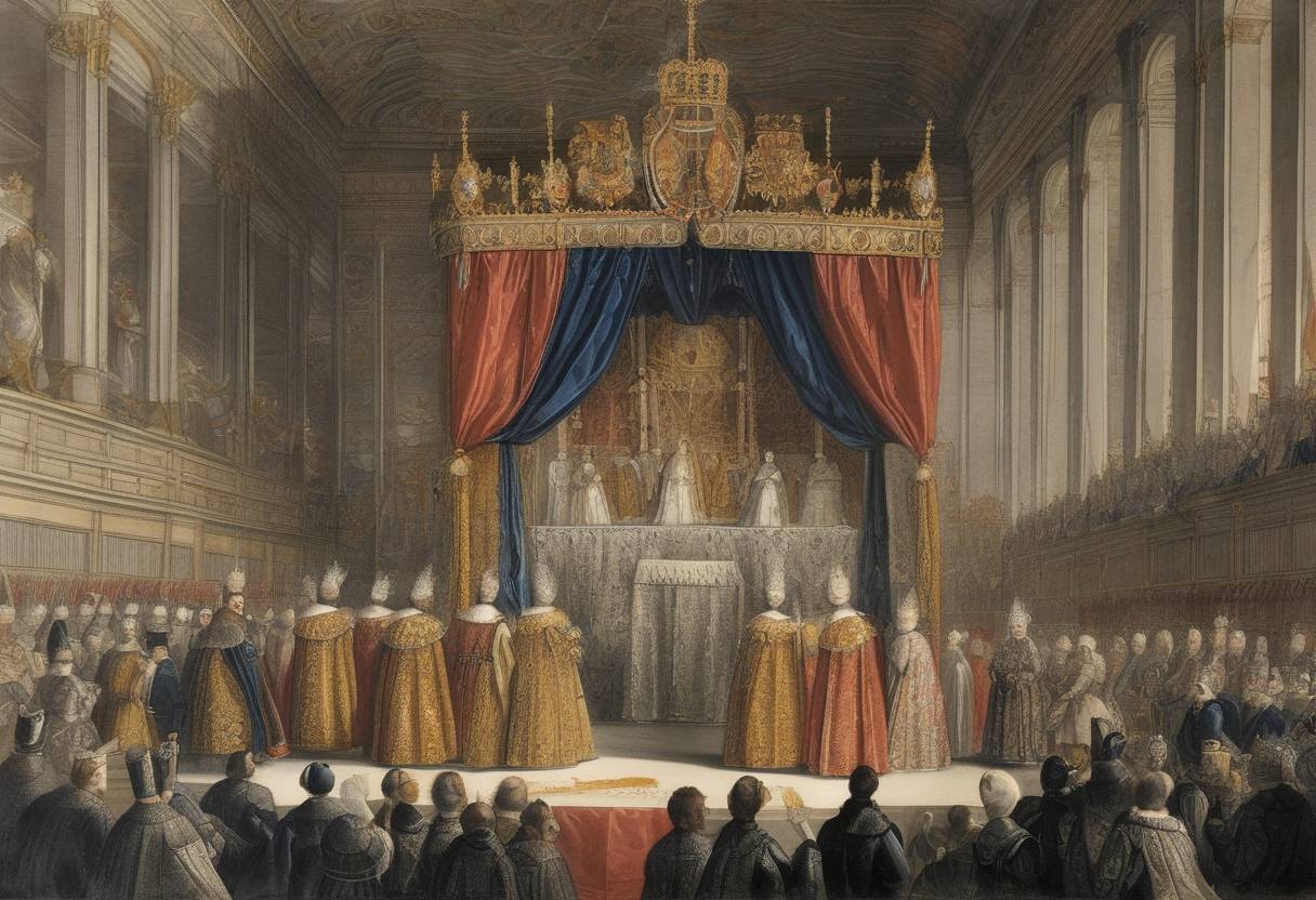 Watercolor painting based depiction of The Swedish nobleman Charles IX is crowned King of Sweden, marking the official end of interregnum following the resignation of King Eric XIV. (1590)