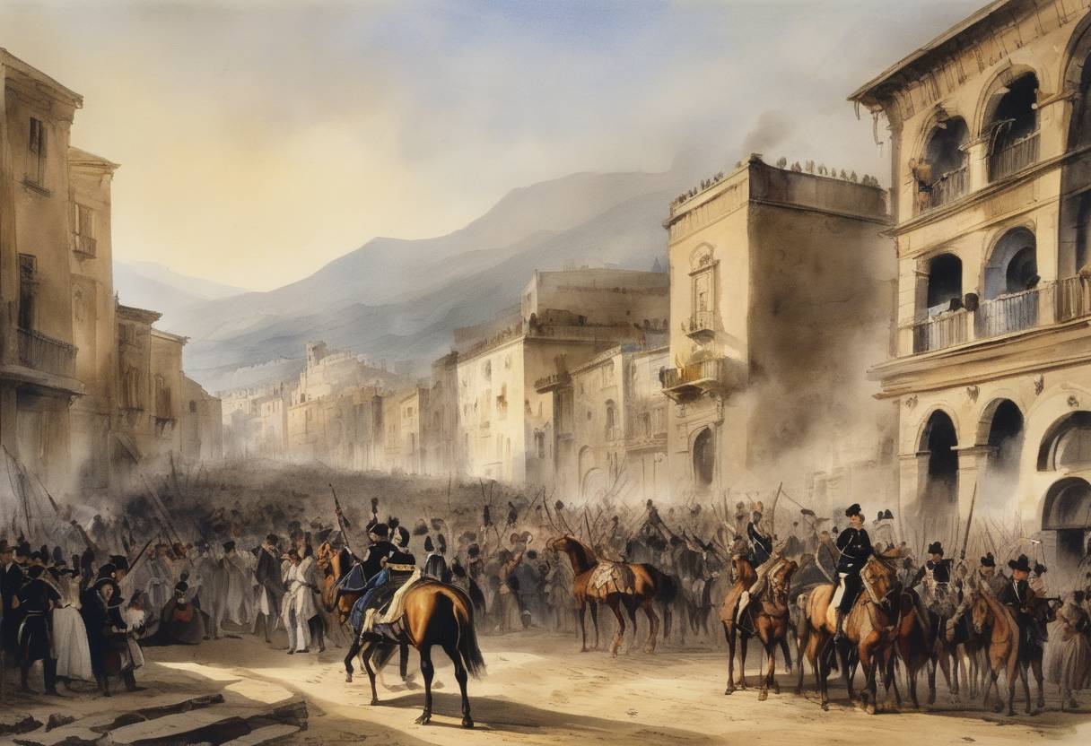 Watercolor painting based depiction of The Palermo uprising began in Palermo as part of a series of battles against the Bourbon rule in Sicily during the Revolutions of 1848. (1848)