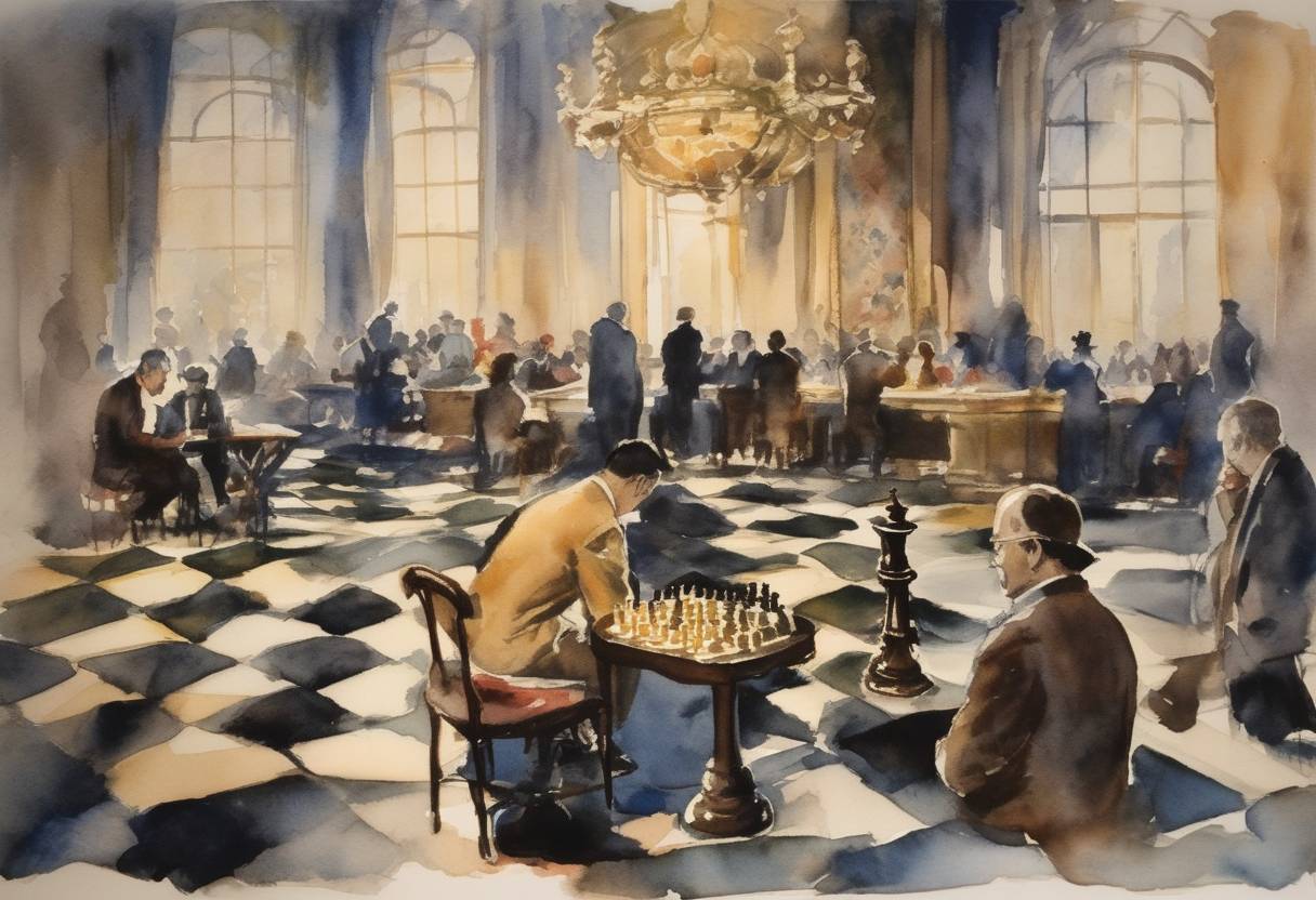 Watercolor painting based depiction of The International Chess Federation (FIDE) was founded in Paris, France, aiming to oversee the international governance and organization of competitive chess. (1922)