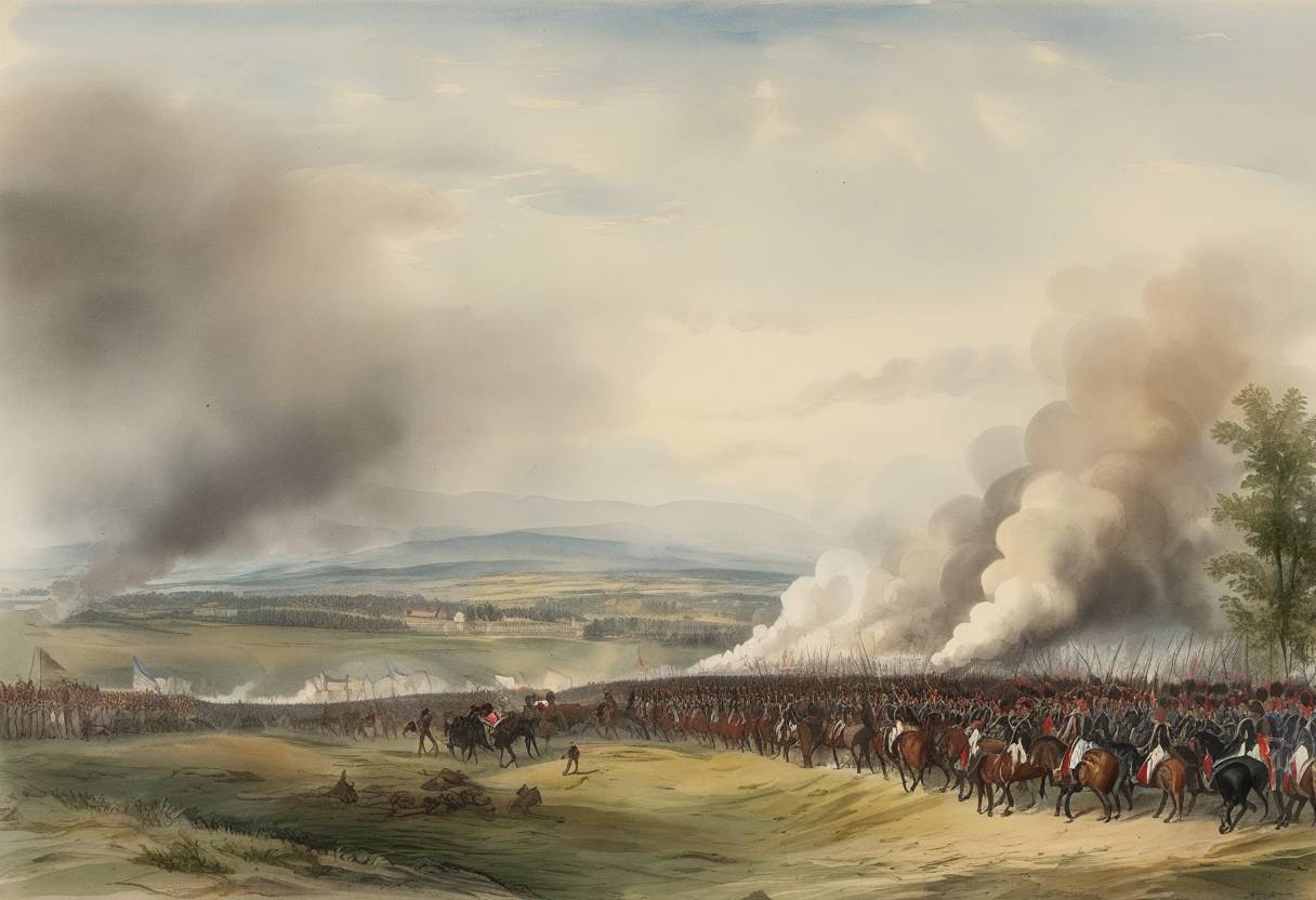 Watercolor painting based depiction of The Battle of Aspern-Essling was fought between the forces of the Austrian Empire and the French Empire, led by Napoleon. It marked the first time Napoleon was personally defeated in a battle. (1809)