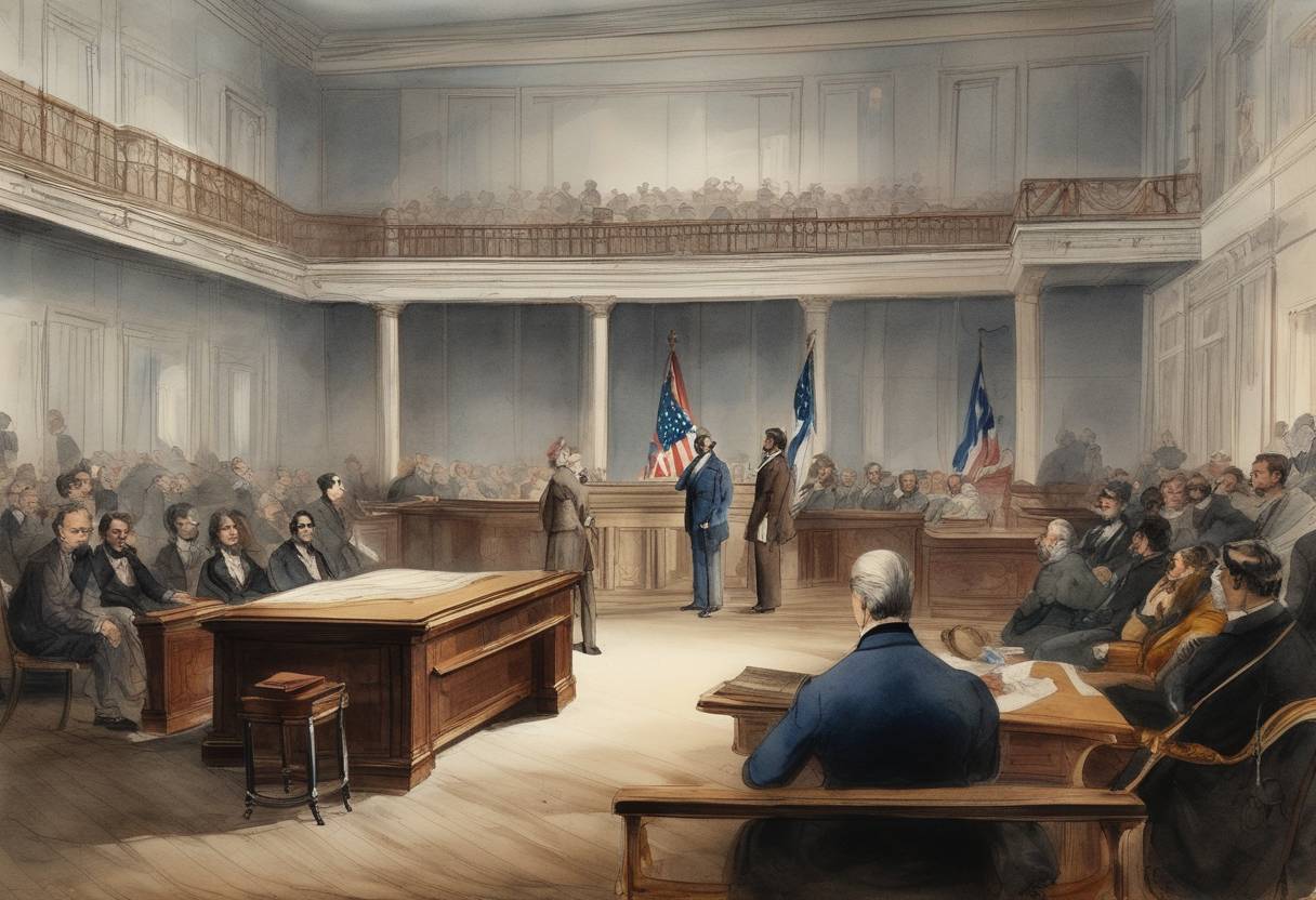 Watercolor painting based depiction of The first ongoing filibustering trial begins in an American courtroom over the capture of two Cuban ships by Americans. (1841)