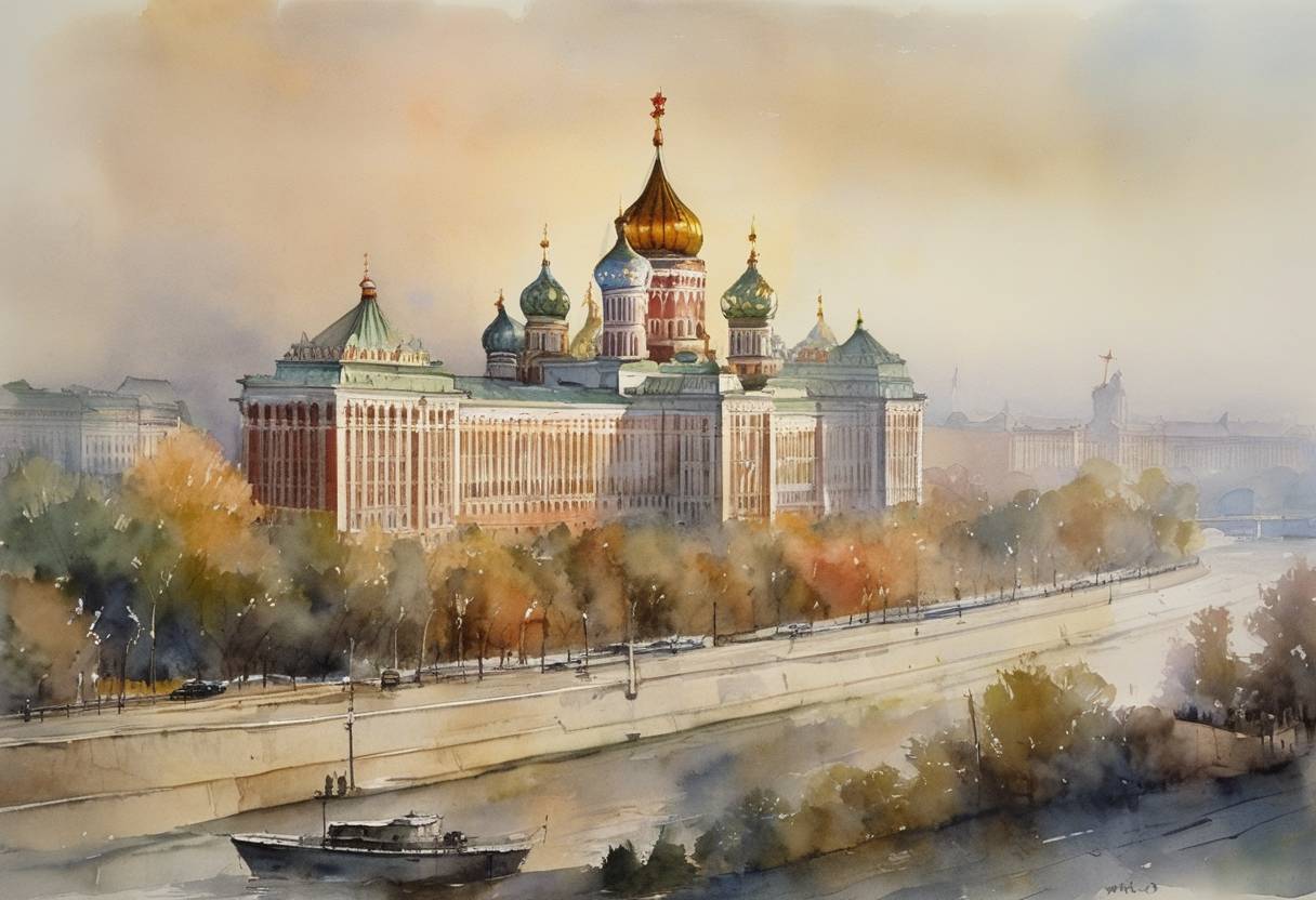 Watercolor painting based depiction of The parliament of Russia declared its sovereignty from the Soviet Union, an early step towards the formal dissolution of the USSR in 1991. (1990)