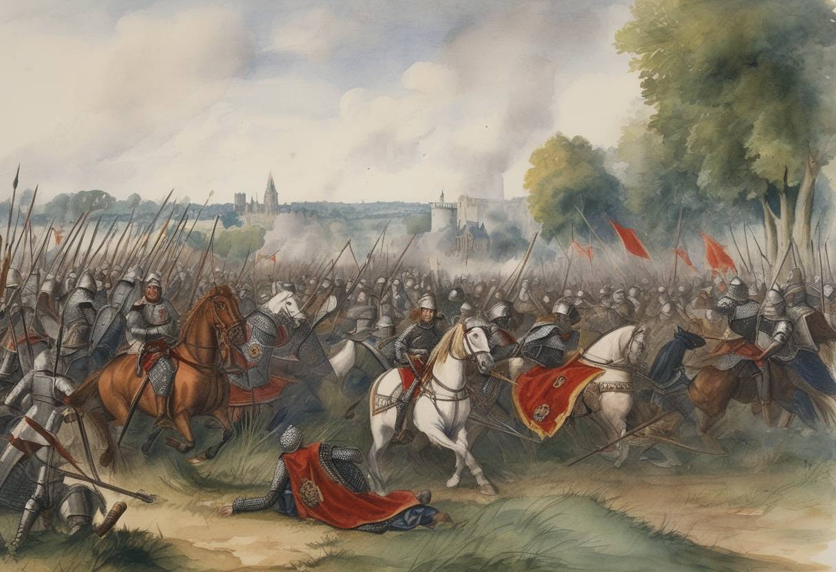 Watercolor painting based depiction of The Battle of Tewkesbury took place during the Wars of the Roses, resulting in a decisive victory for the Yorkists led by King Edward IV over the Lancastrians. (1471)