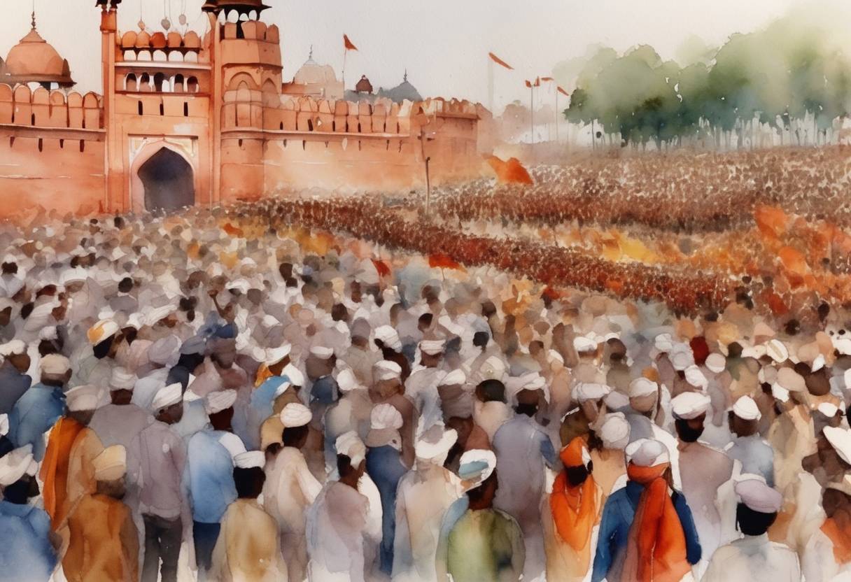 Watercolor painting based depiction of The India farmers' protest, which began in late 2020, saw thousands of farmers storming the Red Fort in New Delhi during the Republic Day celebrations in protest against agricultural laws introduced by the Indian government. (2021)