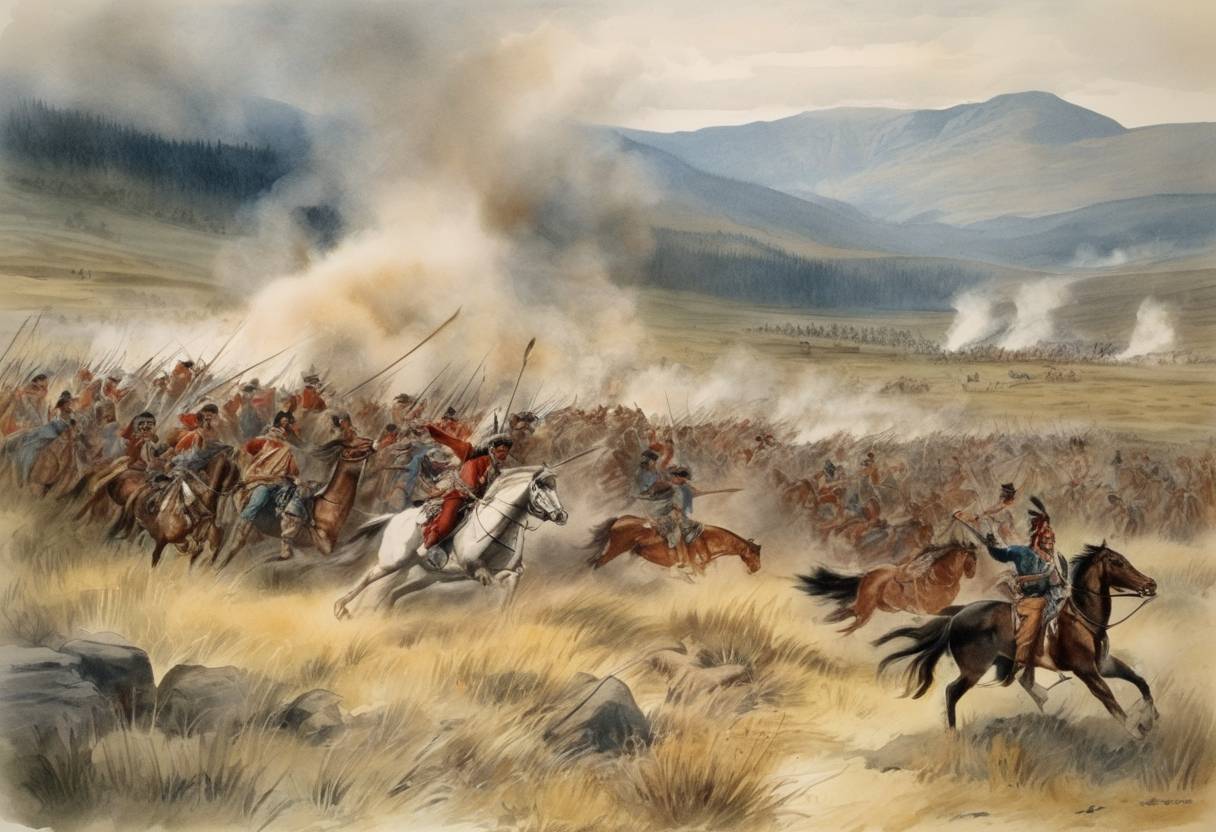 Watercolor painting based depiction of The Battle of the Big Hole, part of the Nez Perce War, took place as a series of engagements between the Nez Perce Native Americans and the United States Army in western Montana Territory. (1877)