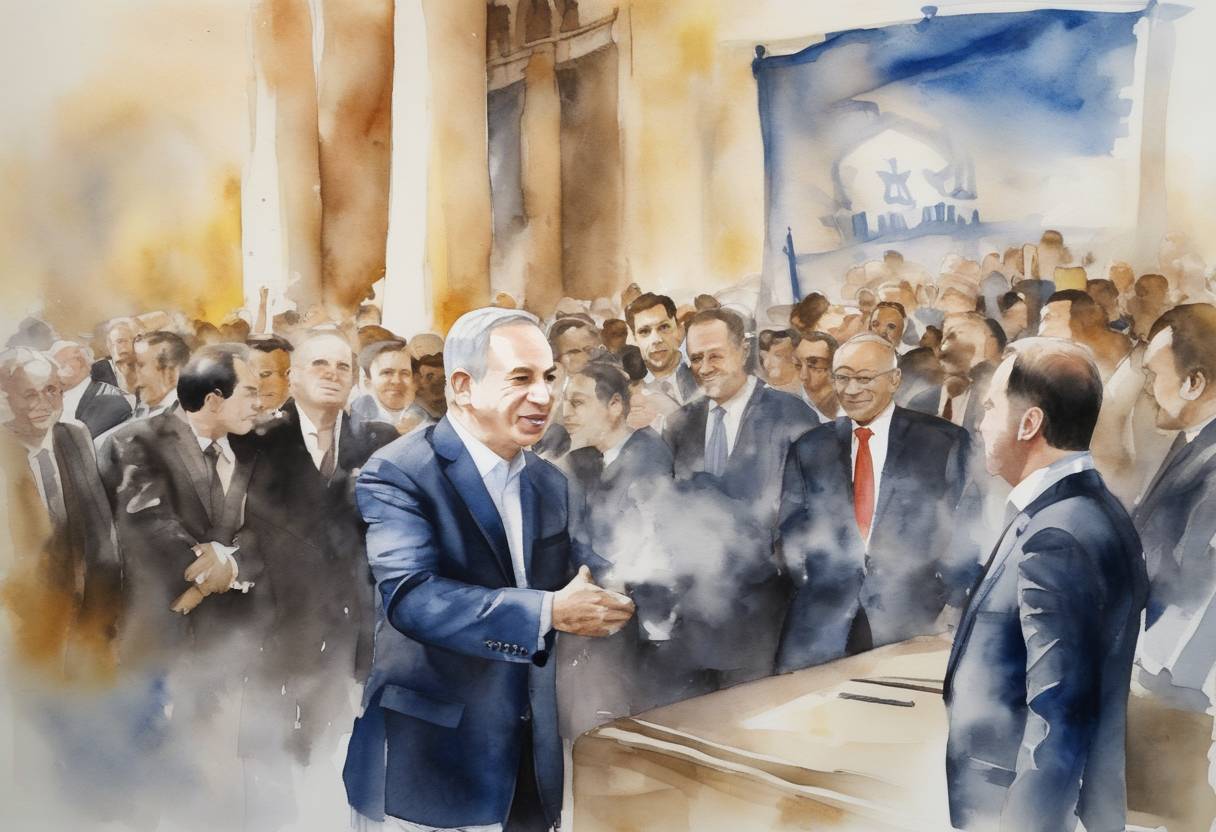 Watercolor painting based depiction of Israel's Likud party, led by Prime Minister Benjamin Netanyahu, won the legislative election, securing his position as Prime Minister. (2015)