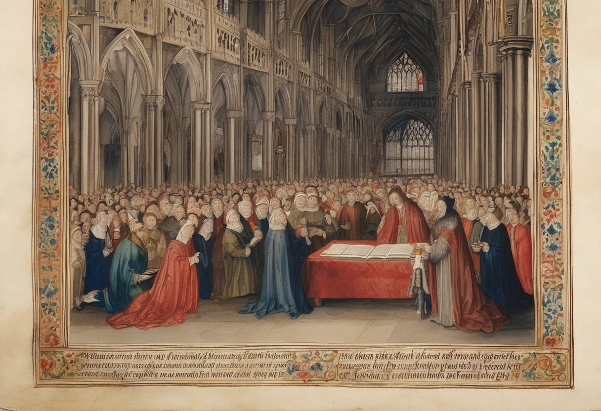 Watercolor painting based depiction of The Book of Common Prayer is translated into English and used in the first national church service as declared by King Edward VI of England. (1549)
