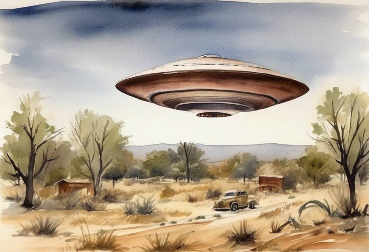 Watercolor painting based depiction of An alleged UFO crash occurred near Roswell, New Mexico, leading to widespread controversy and interest in UFOs and extraterrestrials. (1947)