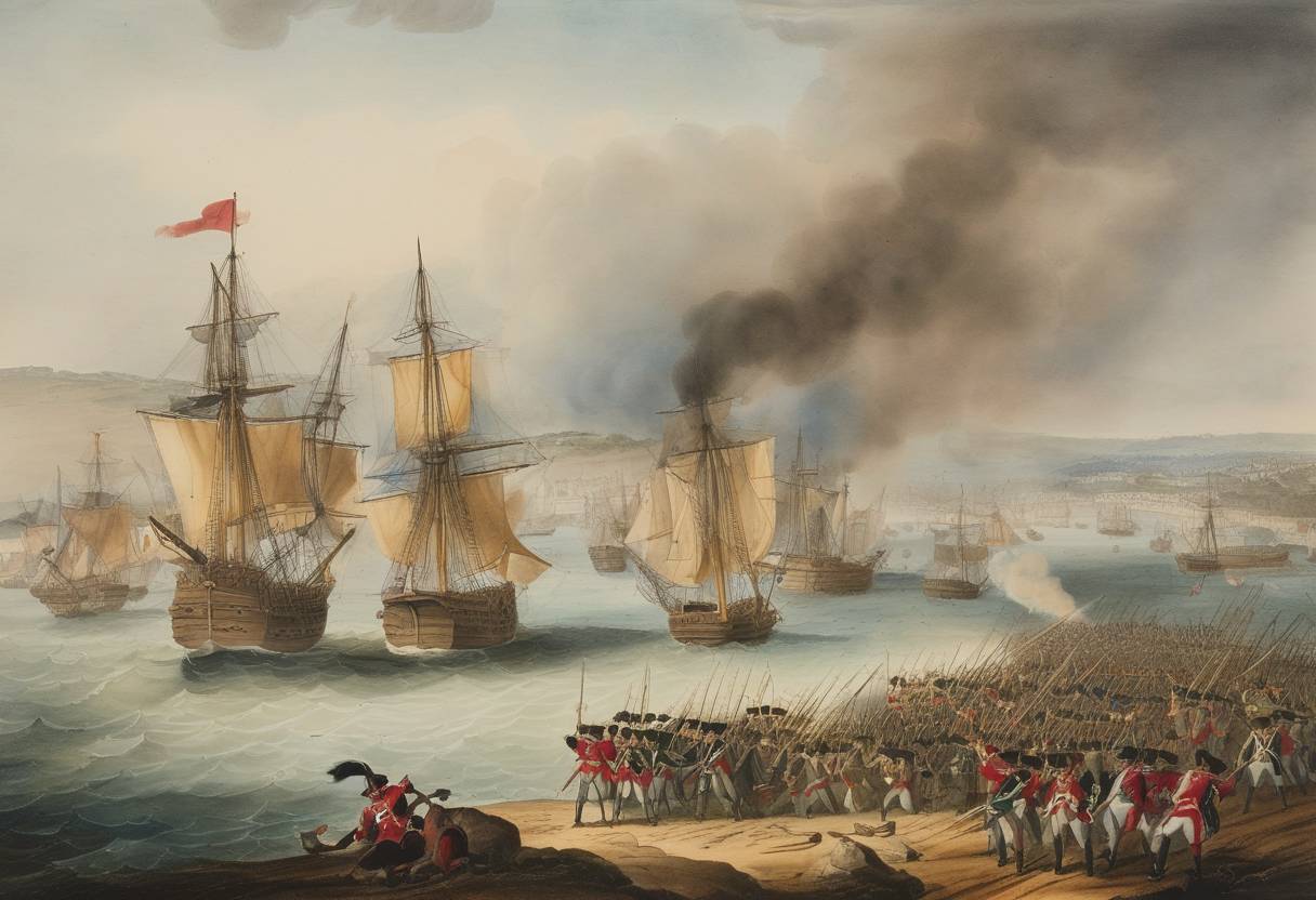 Watercolor painting based depiction of The Battle of Jersey takes place, an attempt by French forces to invade the island of Jersey, which ends in a British victory. (1781)