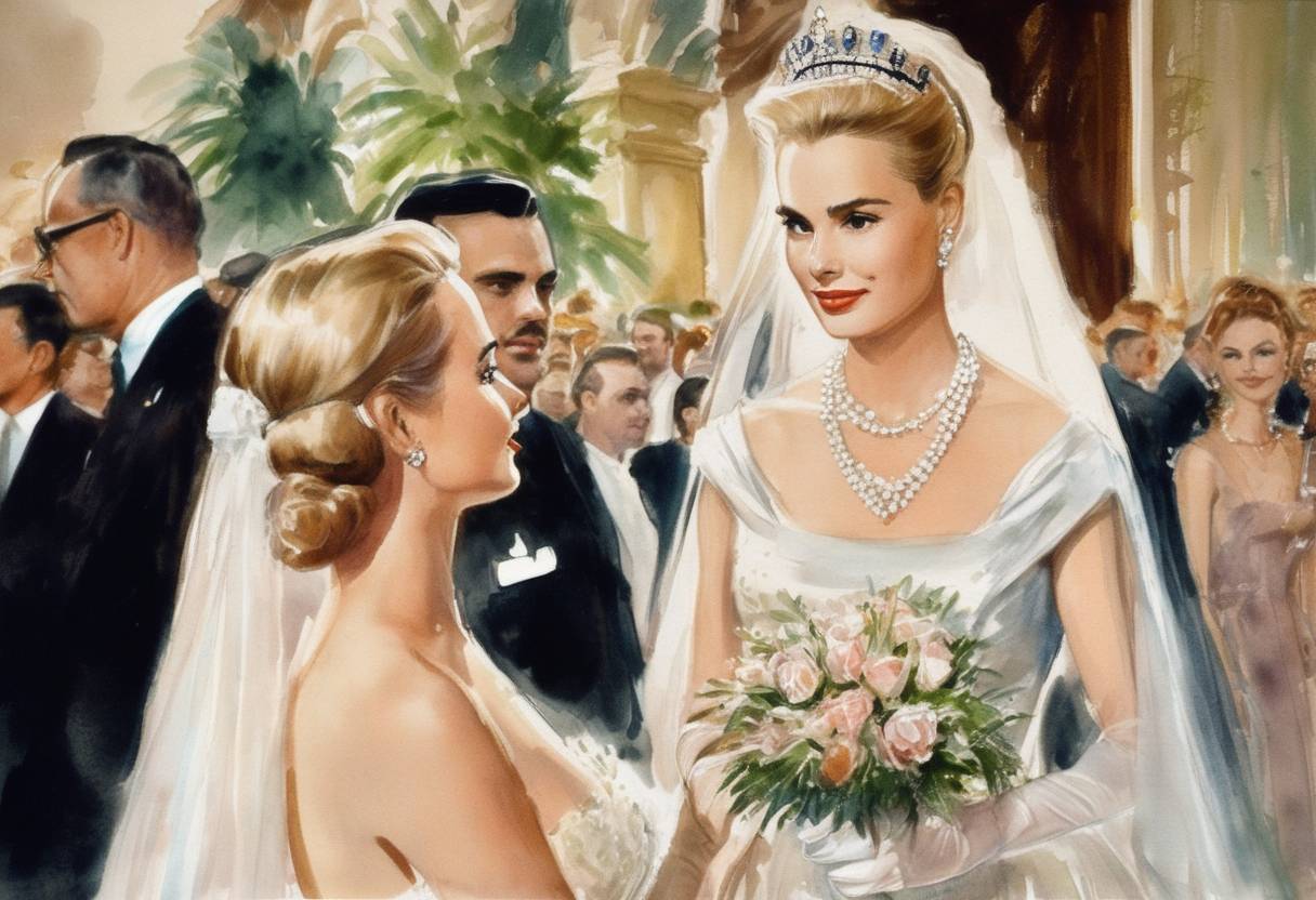 Watercolor painting based depiction of Actress Grace Kelly marries Prince Rainier III of Monaco in a lavish ceremony, making her Princess of Monaco. (1956)