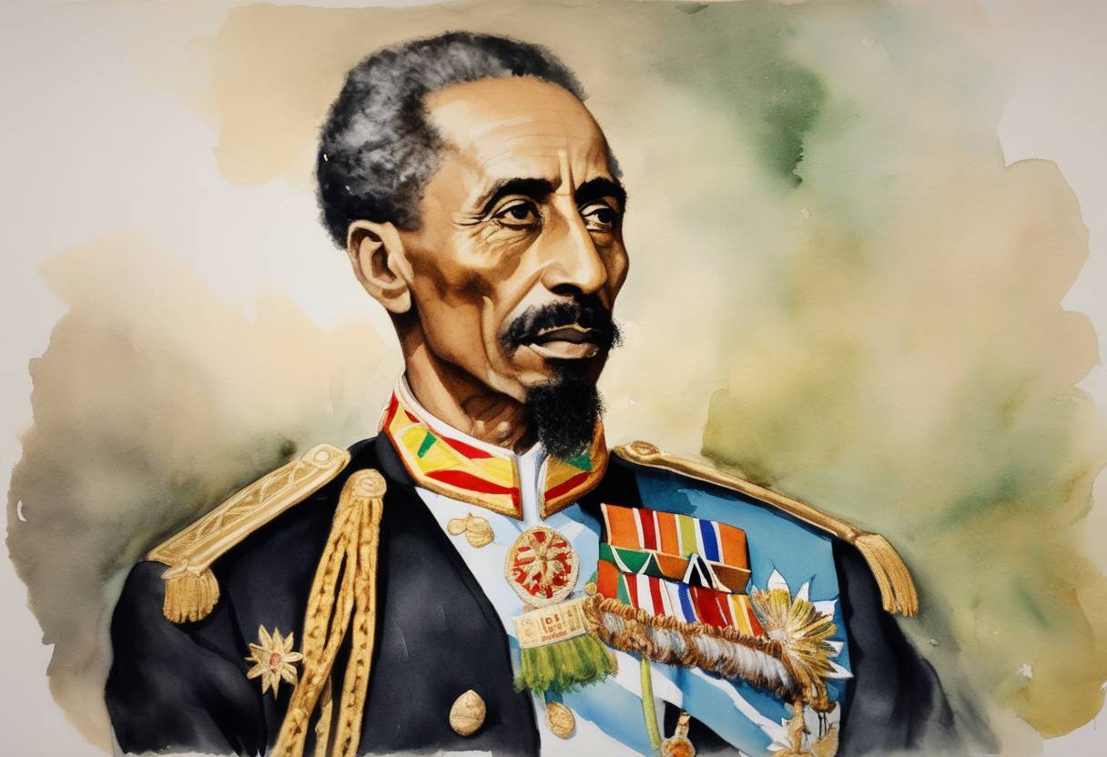 Watercolor painting based depiction of Haile Selassie was proclaimed emperor of Ethiopia. He would become a defining figure in both Ethiopian history and the Rastafari movement, which saw him as a messianic figure. (1930)