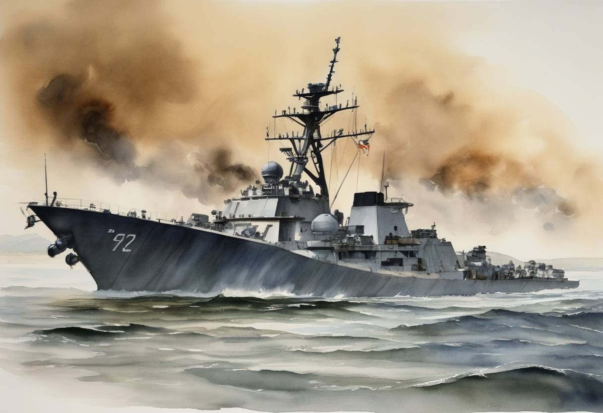 Watercolor painting based depiction of In the Persian Gulf War, U.S. President George H. W. Bush declared that 'Kuwait is liberated,' leading to a ceasefire the next day with Iraq. (1991)