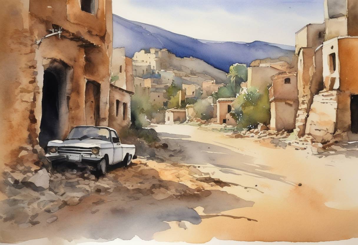 Watercolor painting based depiction of A 6.6 magnitude earthquake struck the northern Algeria region, causing widespread panic but minor damage. (2003)