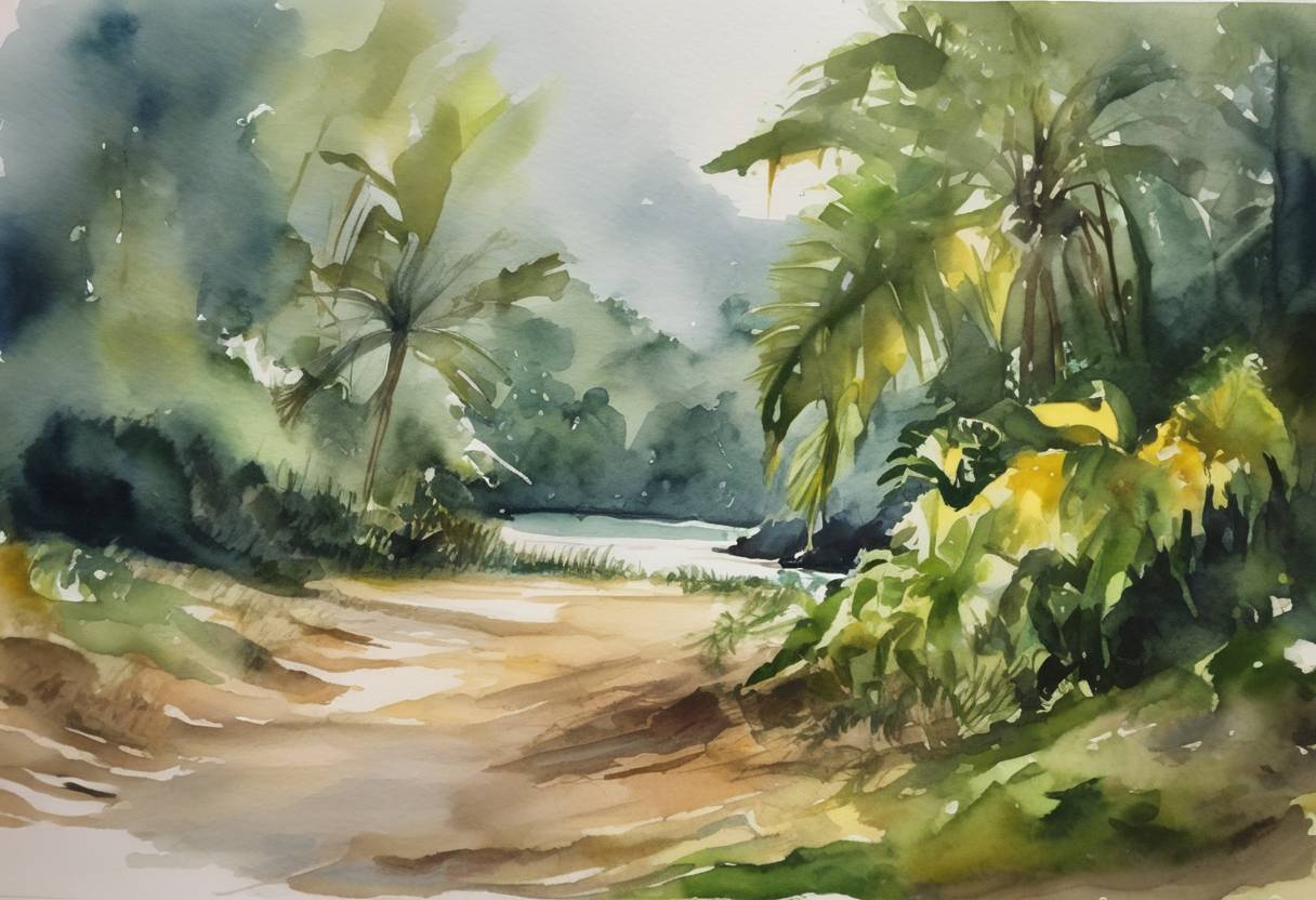 Watercolor painting based depiction of During the G7 summit, French President Emmanuel Macron announced an agreement that Brazil would allow international aid to help fight the Amazon rainforest fires, following significant global pressure regarding environmental and indigenous concerns. (2019)