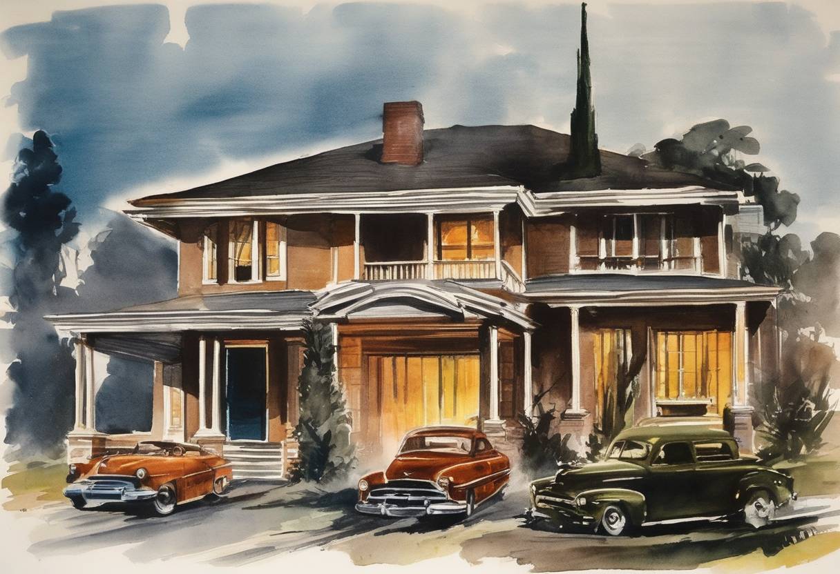 Watercolor painting based depiction of Warner Bros. premieres 'House of Wax,' the first 3D film with stereophonic sound, directed by André De Toth. (1953)