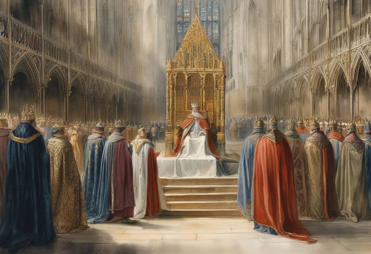 Watercolor painting based depiction of Henry I was crowned King of England at Westminster Abbey after the death of his brother, William II. (1100)