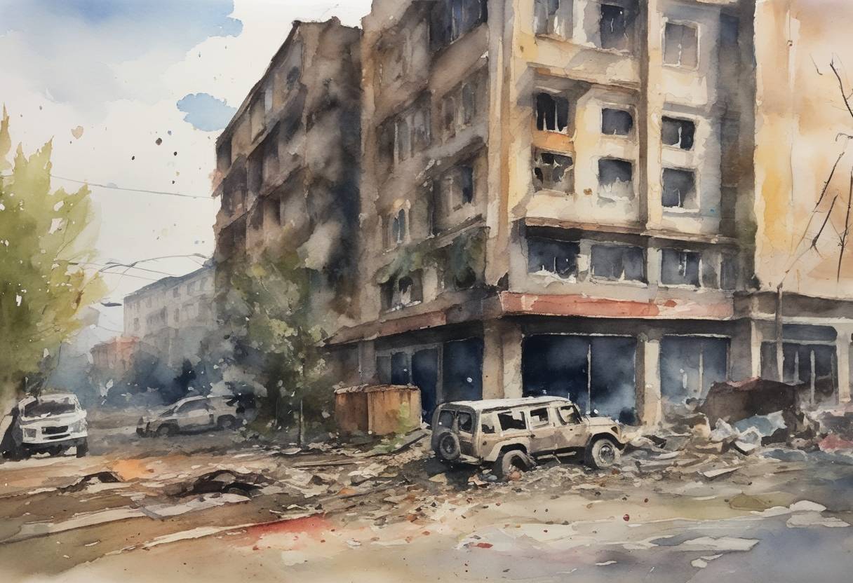 Watercolor painting based depiction of A Russian missile strike hit a shopping mall in the city of Kremenchuk, central Ukraine, killing at least 18 people. Ukrainian President Volodymyr Zelensky stated there were over 1,000 civilians inside at the time of the attack. The act was widely condemned internationally, including by the United Nations as a potential war crime. (2022)