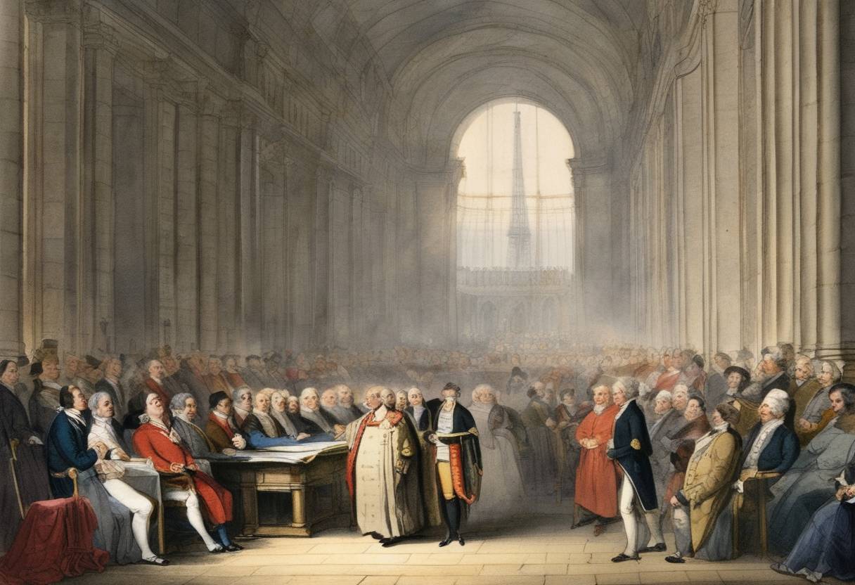 Watercolor painting based depiction of The Civil Constitution of the Clergy was passed in France. This legislation, enacted during the French Revolution, aimed to restructure the Catholic Church in France, bringing it under state control and leading to significant tensions between the state and the church. (1790)