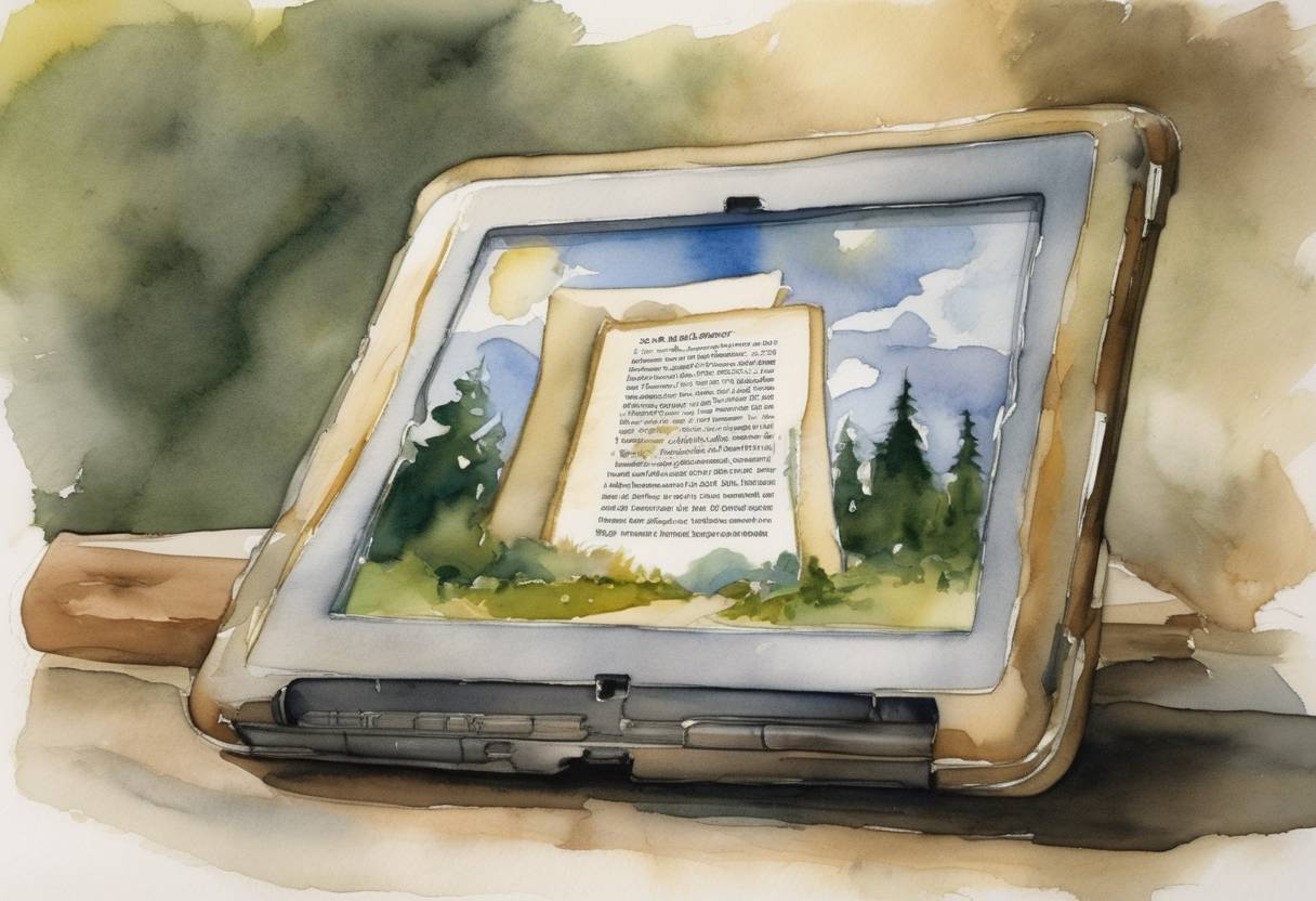 Watercolor painting based depiction of Amazon introduced the Kindle, its first e-reader that came with a built-in cellular connectivity feature for downloading books wirelessly. (2007)