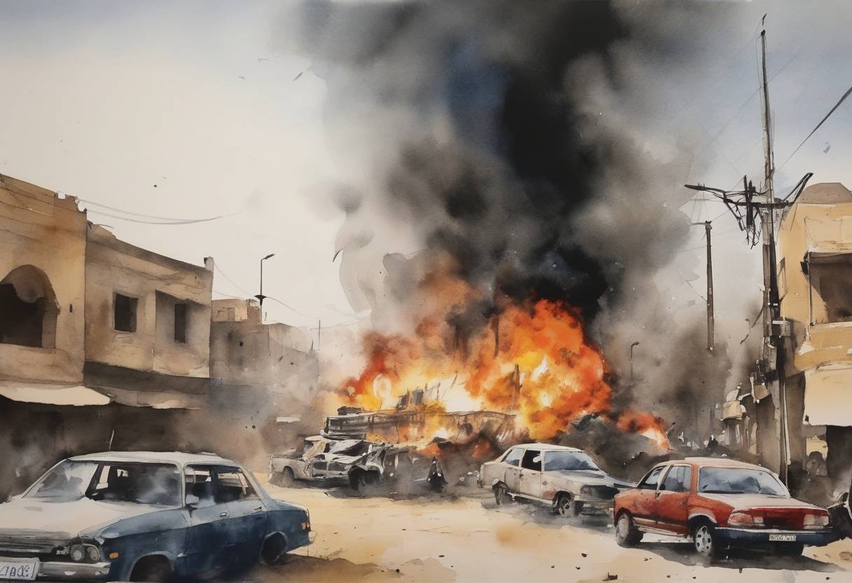 Watercolor painting based depiction of A series of coordinated bombings occurred in Iraq, resulting in the death of at least 23 people. The attacks targeted both Shia and Sunni areas. (2012)