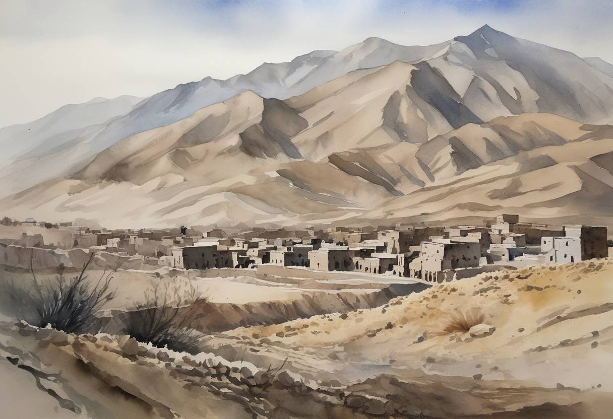 Watercolor painting based depiction of A major earthquake with a magnitude of 6.1 struck Afghanistan, resulting in significant casualties and damage in the Khost Province. (2022)