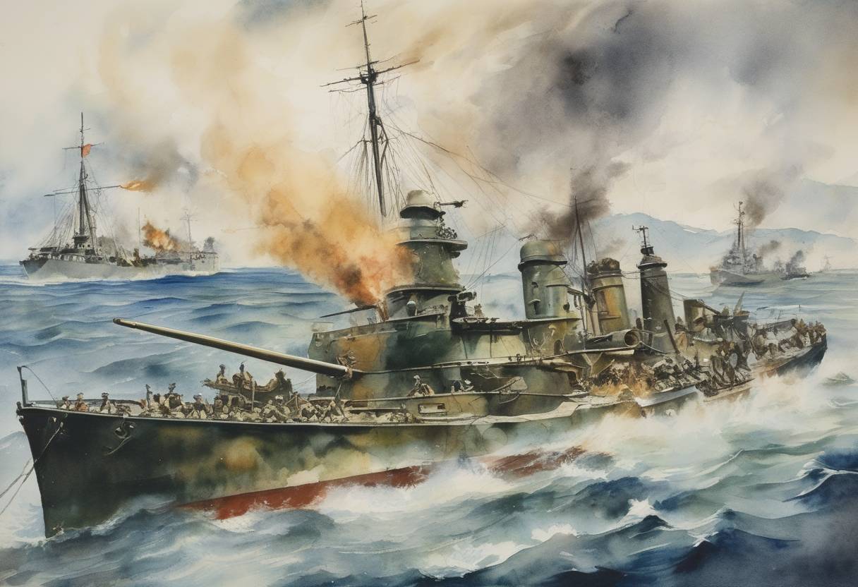 Watercolor painting based depiction of The Battle of Makassar Strait occurs during World War II, involving a naval engagement between the Allies and Japan. (1942)